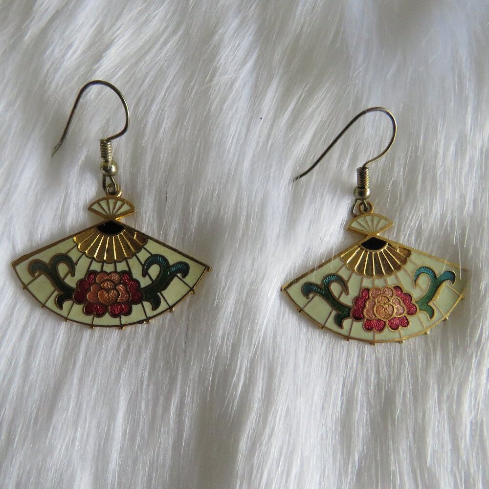 Gold Enamel Plated Drop Pierced Earrings With Fan Design